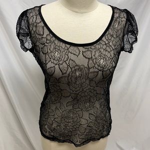 Express Sheer Floral Lace Black Blouse with Zip Back Size Medium